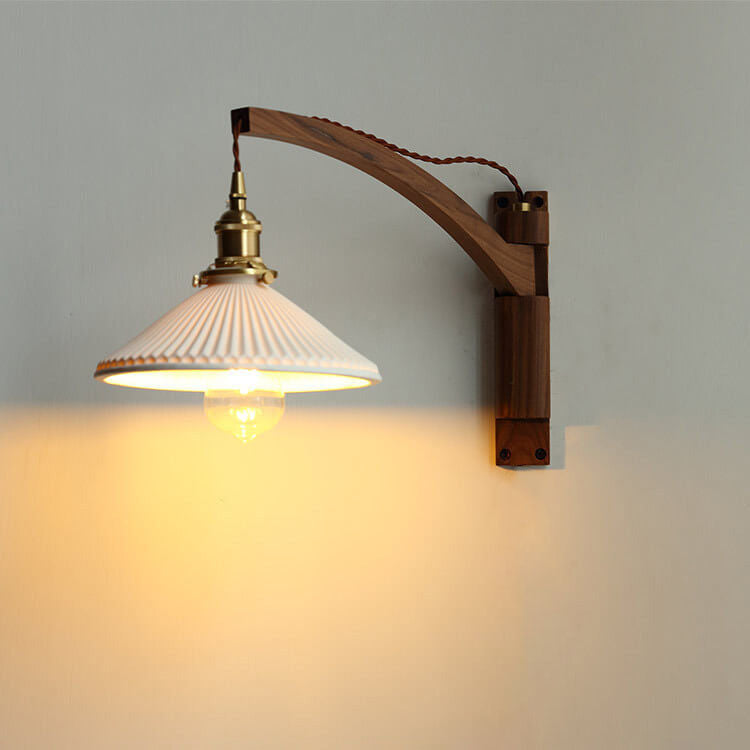Extending Wall Sconce with Ribbed Glass Shade and Wood Arm for Bedroom, Living Room & Hallway Reading Light | Thomler