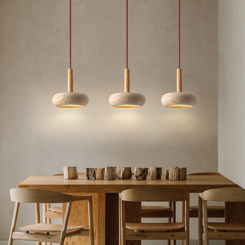 Japanese-Inspired Pendant Light with Yellow Travertine Shade & Wood Accent – Integrated LED Ceiling Fixture for Living Room, Bedroom | Thomler
