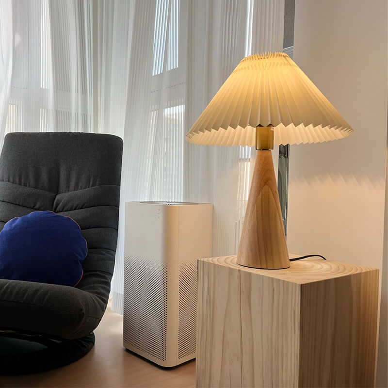 Wood Base Lamp with Fabric Shade E26 Socket for Bedroom Living Room Nightstand Desk Ambient Lighting Modern Asian Style Décor | Thomler