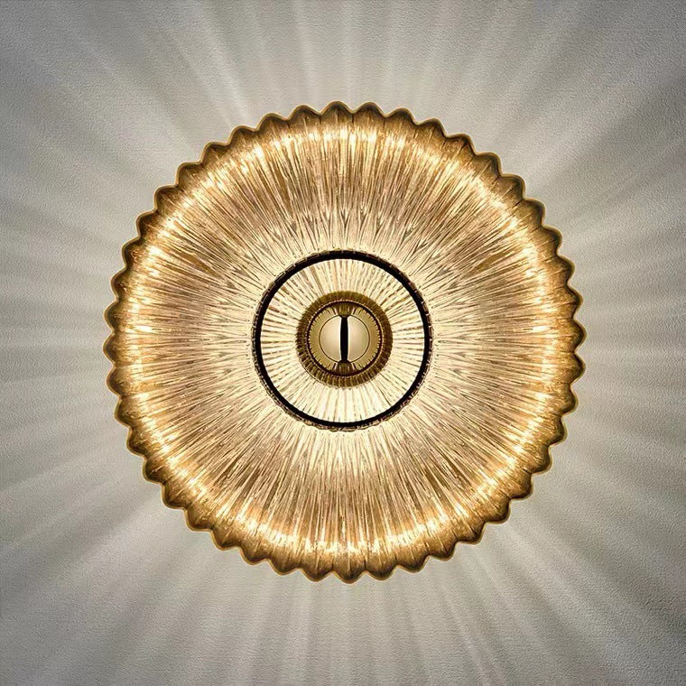 Ribbed Glass Disc Wall Light with Metal Mount | Scandi Minimalist Accent Lamp for Bedroom, Entryway & Hallway | Hardwired E26 Socket | Thomler