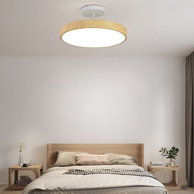Round Iron Ceiling Light with Wood Grain Finish - Integrated LED Semi-Flush for Bedroom, Living Room & Hallway | Thomler