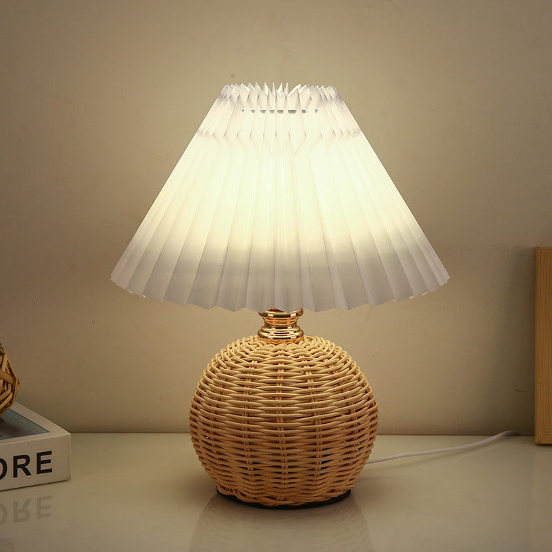 Nordic Rattan Table Lamp with Fabric Shade, USB Powered & Infinitely Dimmable LED Light for Bedroom, Living Room, Study | Thomler