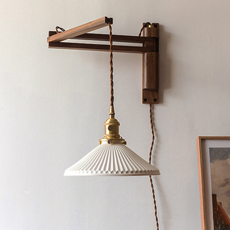 Extending Wall Sconce with Ribbed Glass Shade and Wood Arm for Bedroom, Living Room & Hallway Reading Light | Thomler