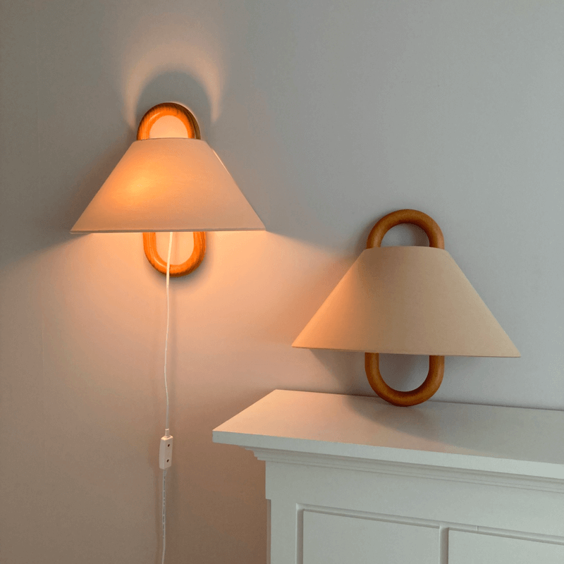 Fabric Half-Moon Wall Sconce with Natural Wood Backplate for Bedroom & Living Room | Thomler