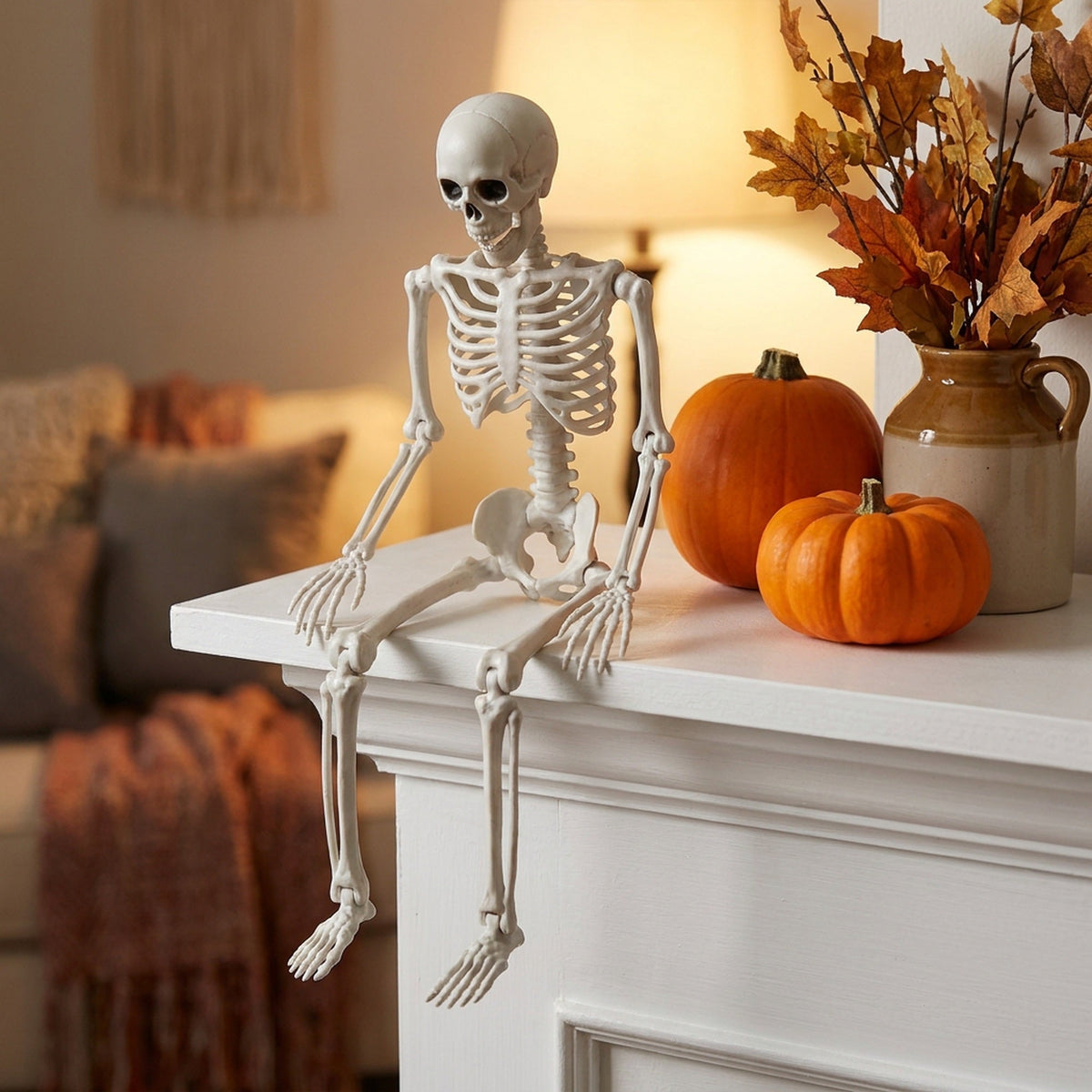 Articulated Tabletop Bone Figure – 16-Inch Movable Spooky Accent for Mantel, Shelf & Doorway Display – Adjustable Arms & Legs for Sitting | Thomler