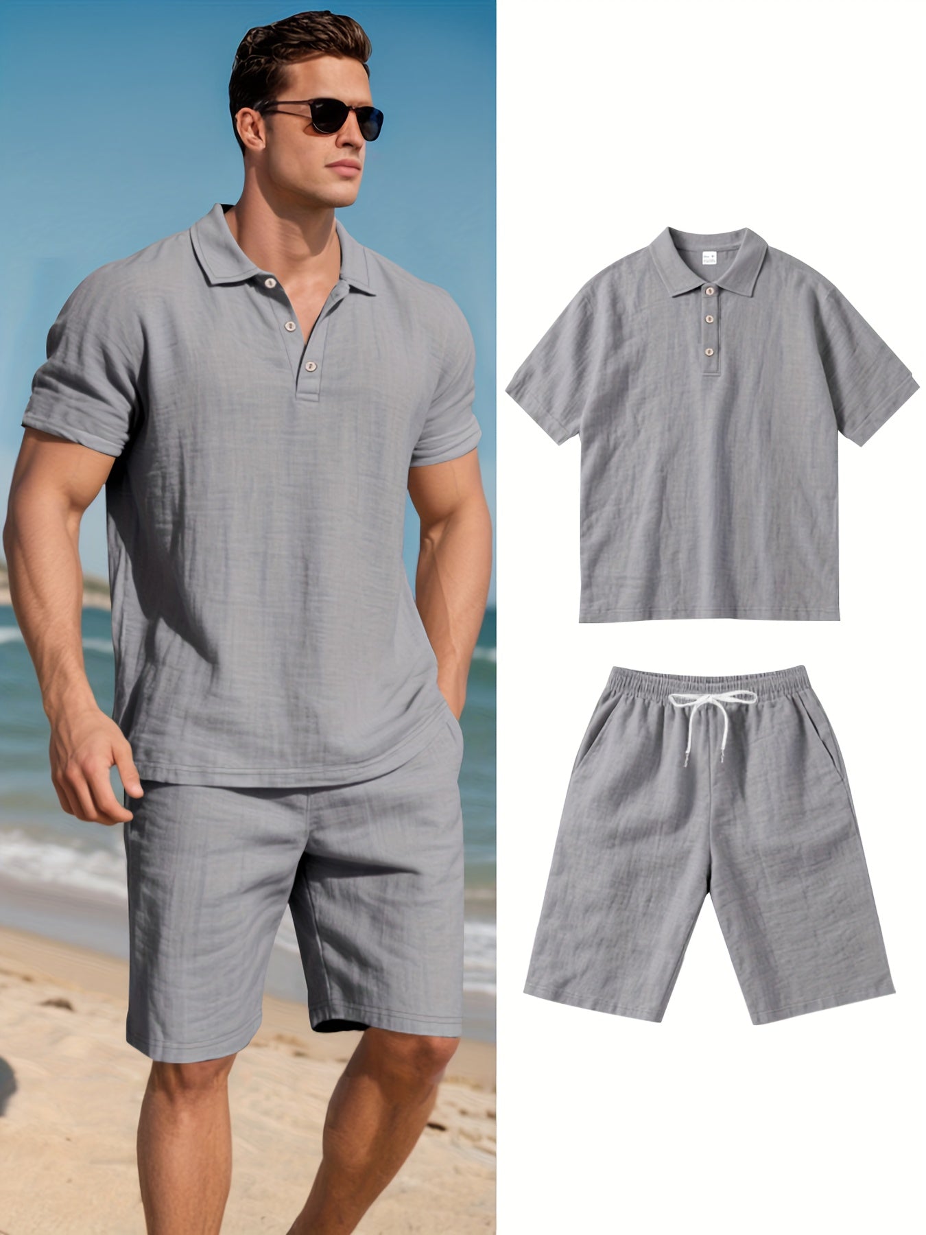 Men's Short-Sleeve Polo & Shorts Linen Set Summer Two-Piece Outfit Lightweight Breathable Casual Wear for Warm Weather | Thomler