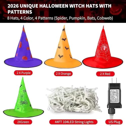 44 ft Witch Hat String Lights with 104 Warm White LEDs for Outdoor Halloween Decor | Thomler