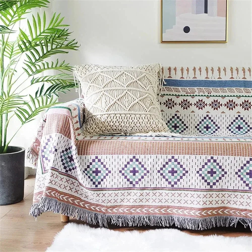 Throw Blanket Cotton Polyester Jacquard Weave Multicolour Sofa Bed Decorative Fringed Bohemian Living Room Accent Cover | Thomler