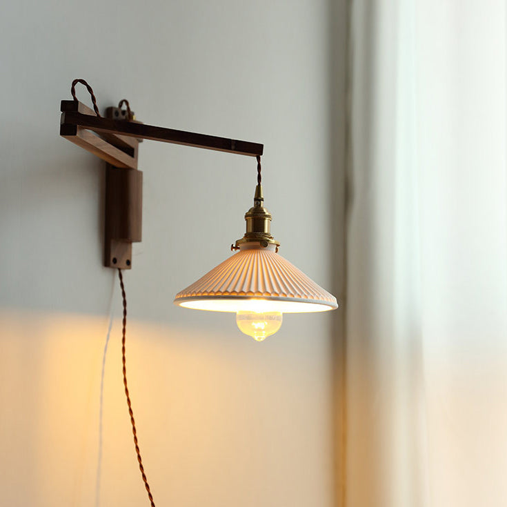 Swing Arm Ceramic Wall Sconce with Wood Bracket and Knob Switch for Bedroom Hallway Reading Nook Vintage Plug-In Lighting | Thomler