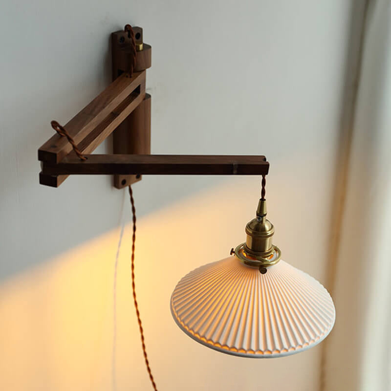 Extending Wall Sconce with Ribbed Glass Shade and Wood Arm for Bedroom, Living Room & Hallway Reading Light | Thomler
