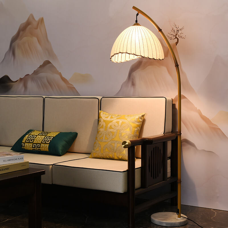 Floor Lamp Bamboo Look 160.0 cm White Arched Living Room Bedroom Retro Dimmable Pleated Fabric Reading Light | Thomler
