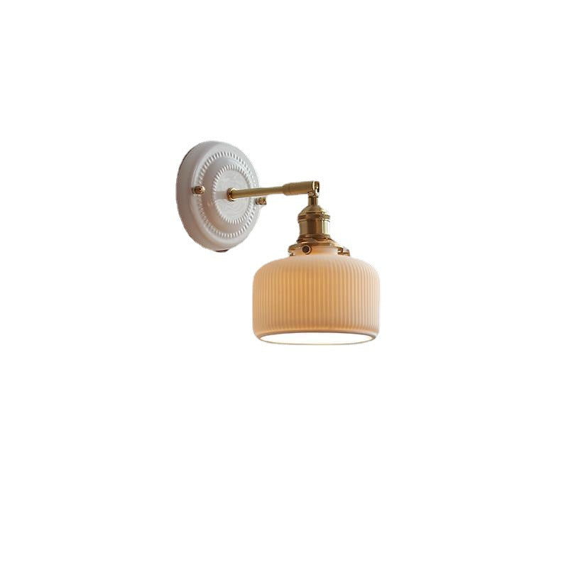 Pleated Shade Wall Sconce Lamp with Brass Arm for Bedroom Living Room & Study | Retro Japanese Style Ceramic Fixture | Thomler