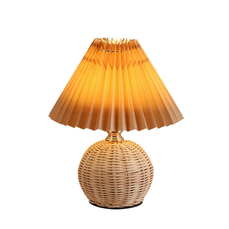 Nordic Rattan Table Lamp with Fabric Shade, USB Powered & Infinitely Dimmable LED Light for Bedroom, Living Room, Study | Thomler
