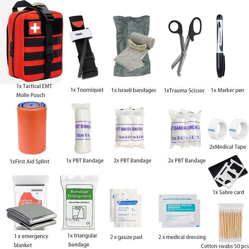 Emergency First Aid Kit with Tourniquet for Outdoor Adventures, Camping & Hiking Survival Trauma Medical Supplies | Compact Portable Bag | Thomler