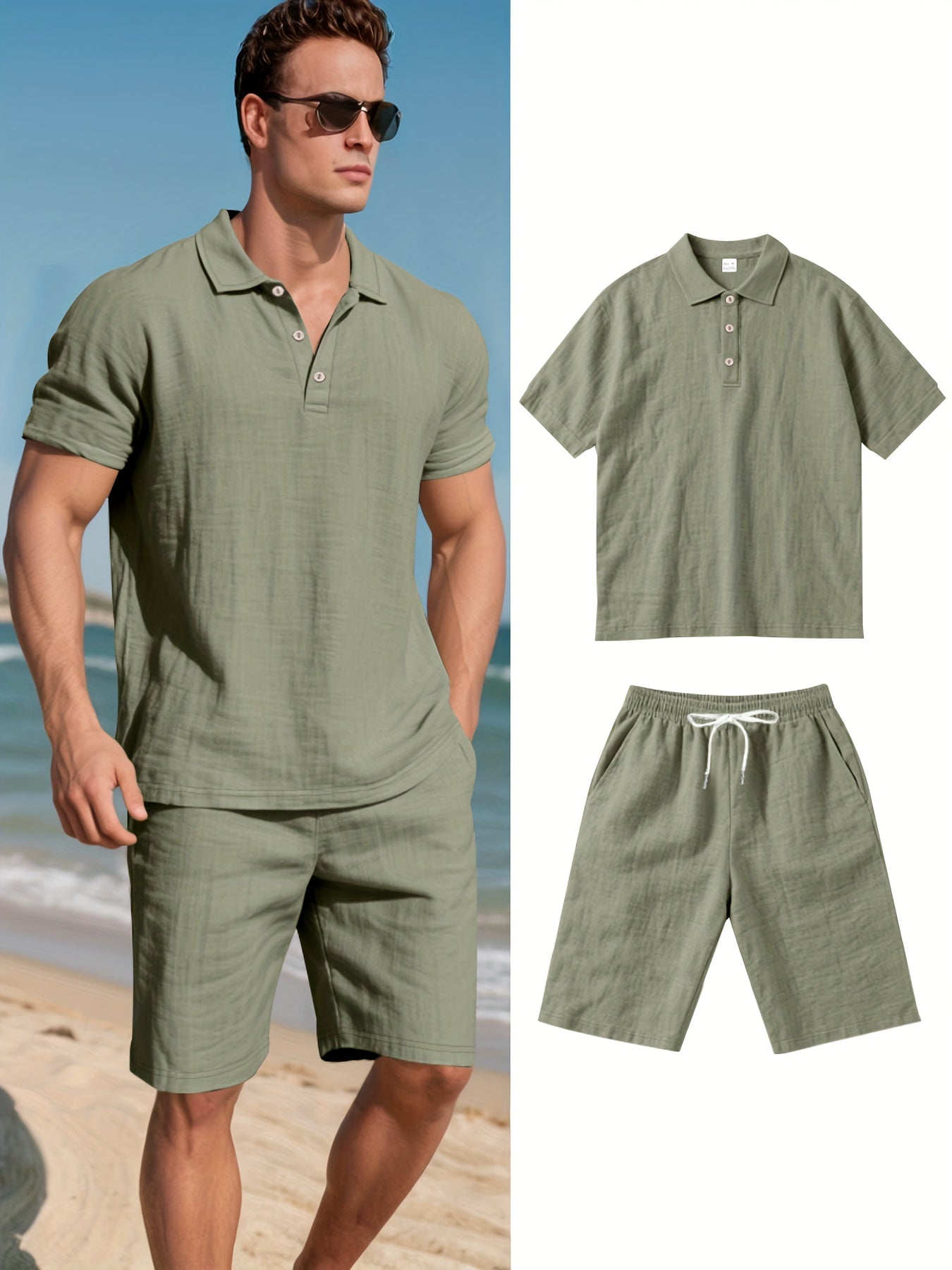 Men's Short-Sleeve Polo & Shorts Linen Set Summer Two-Piece Outfit Lightweight Breathable Casual Wear for Warm Weather | Thomler