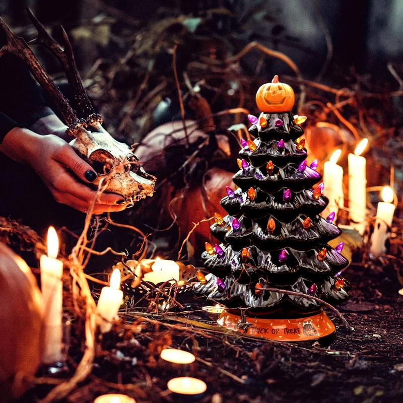 Battery-Powered Ceramic Tree with Purple & Orange Bead Lights – Spooky Holiday Accent for Desktop, Shelf & Mantle | Thomler