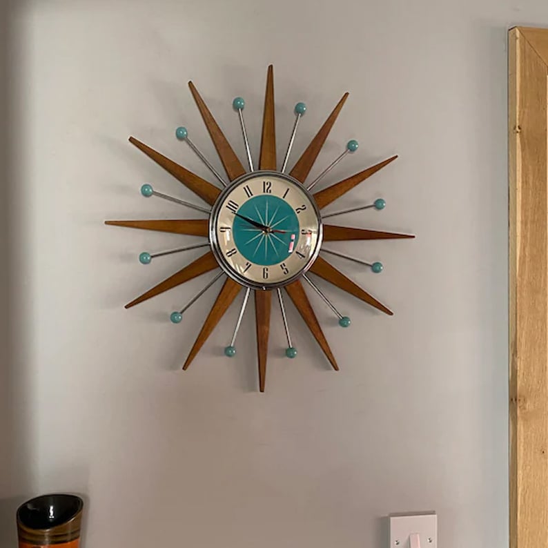 Handcrafted Sunburst Wall Clock Mid-Century Modern Design 16 Inch Silent Battery Operated Decorative Timepiece for Living Room Bedroom | Thomler