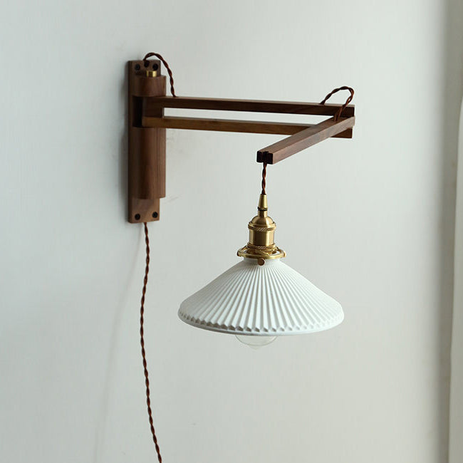 Swing Arm Ceramic Wall Sconce with Wood Bracket and Knob Switch for Bedroom Hallway Reading Nook Vintage Plug-In Lighting | Thomler