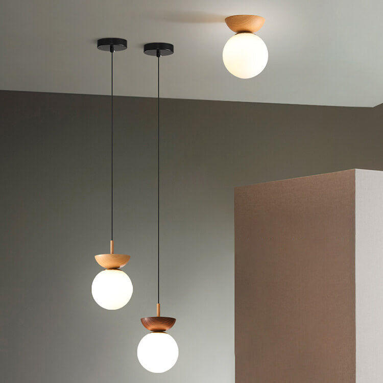 Globe Glass Ceiling Light with Wood Grain Finish – Modern Flush Mount & Pendant Option for Living Room, Bedroom, Hallway – E14 Socket | Thomler