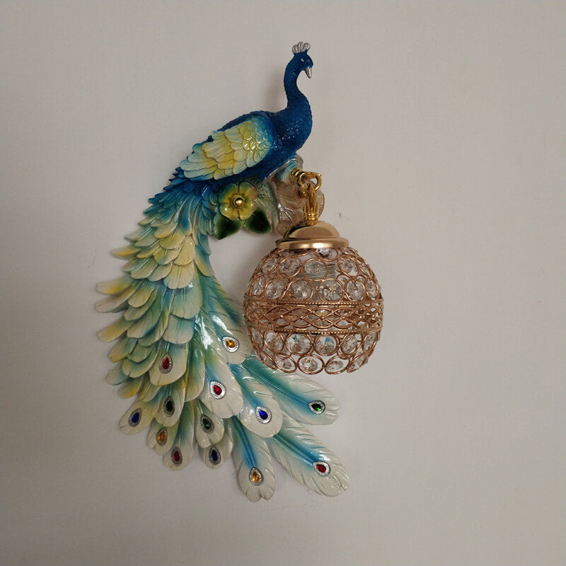 Crystal Globe Peacock Wall Light Fixture Decorative Resin Single Bulb Sconce for Bedroom Living Room Hallway Entryway Home Decor | Thomler