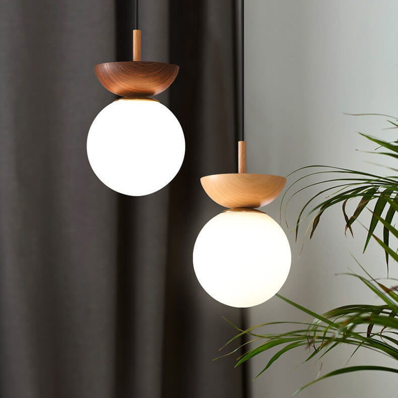Globe Glass Ceiling Light with Wood Grain Finish – Modern Flush Mount & Pendant Option for Living Room, Bedroom, Hallway – E14 Socket | Thomler