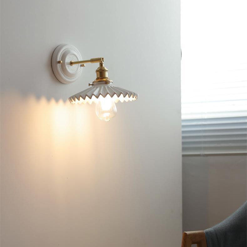 Handcrafted Porcelain Shade Brass Wall Light Fixture Single Bulb Hardwired Sconce for Bedroom Hallway Entryway Vintage Home Decor | Thomler