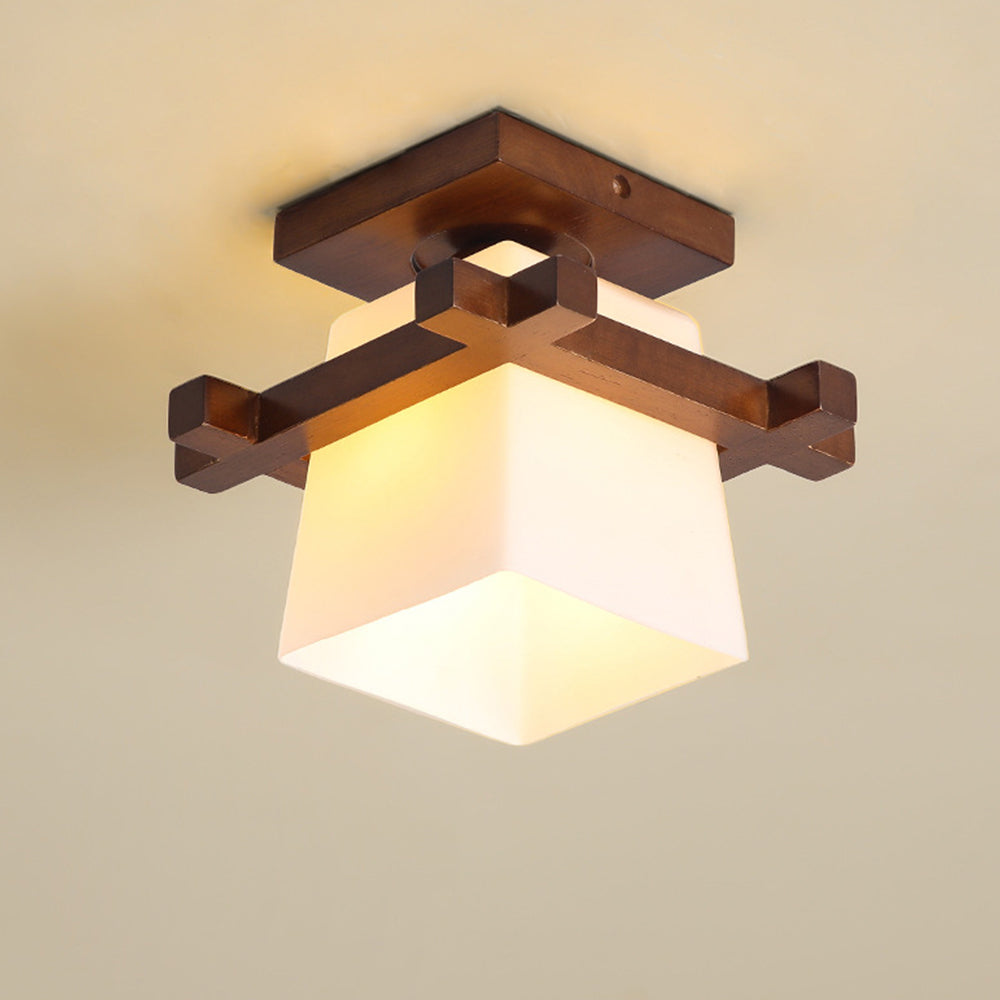 Ceiling Light Wood E27 20.0 cm White Japandi Hallway Bedroom Living Room Square Flush Mount Lamp | Thomler
