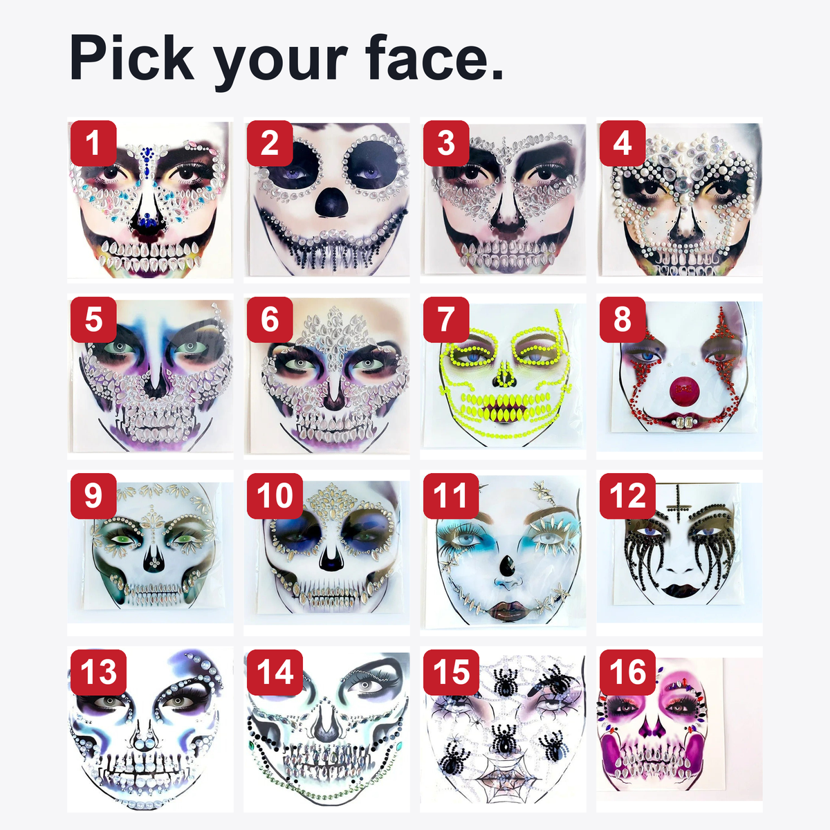 Stick-On Costume Jewels – Complete Scary Face Kit with Skull & Skeleton Designs for Halloween | Thomler
