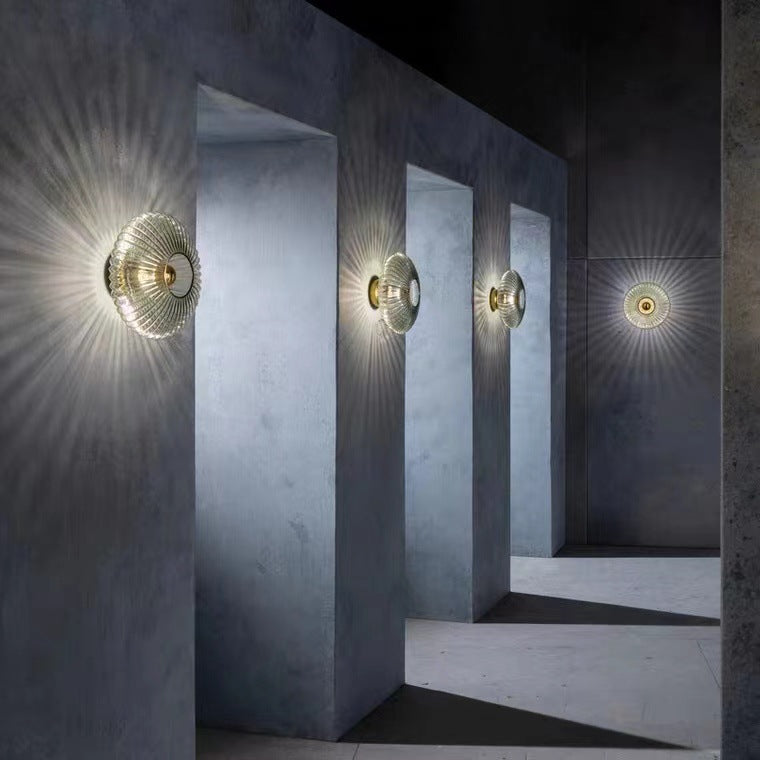 Ribbed Glass Disc Wall Light with Metal Mount | Scandi Minimalist Accent Lamp for Bedroom, Entryway & Hallway | Hardwired E26 Socket | Thomler