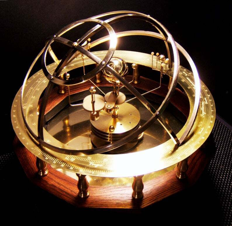 Brass Mechanical Solar System Model with Gemstone Planets & Moons Oak Base Moving Orbit Desk Orrery Educational Science Display Home Decor | Thomler