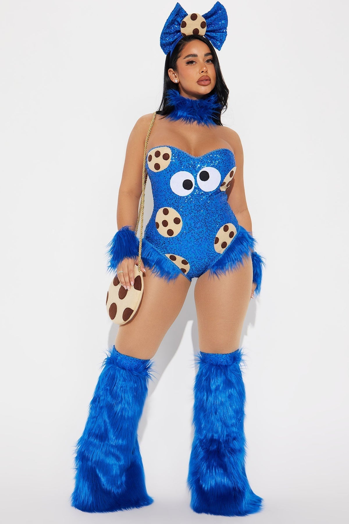 Sparkly Monster Character Outfit with Sequined Bodysuit & Furry Leg Warmers for Women – Halloween Party Costume Set | Thomler