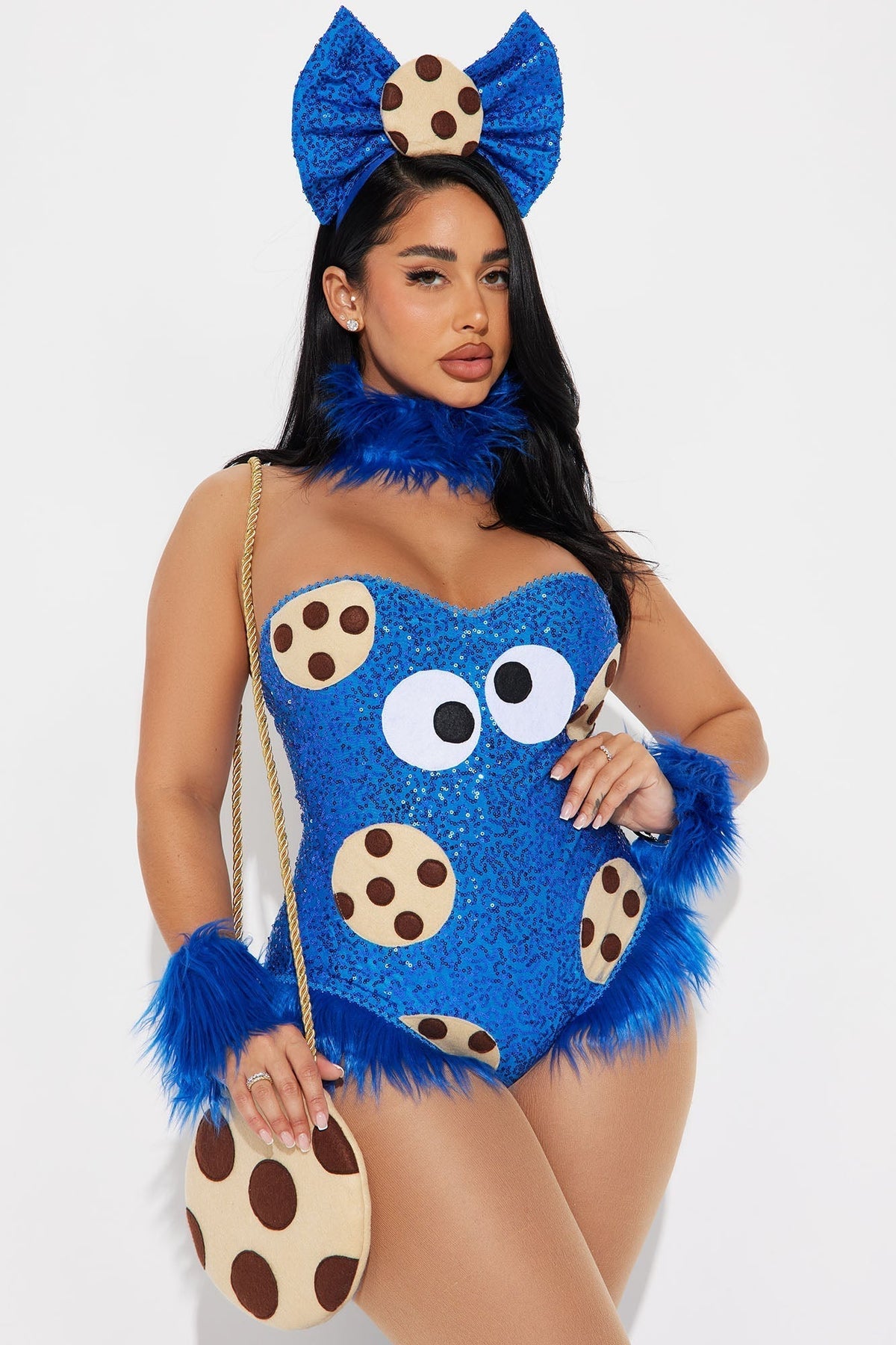 Sparkly Monster Character Outfit with Sequined Bodysuit & Furry Leg Warmers for Women – Halloween Party Costume Set | Thomler