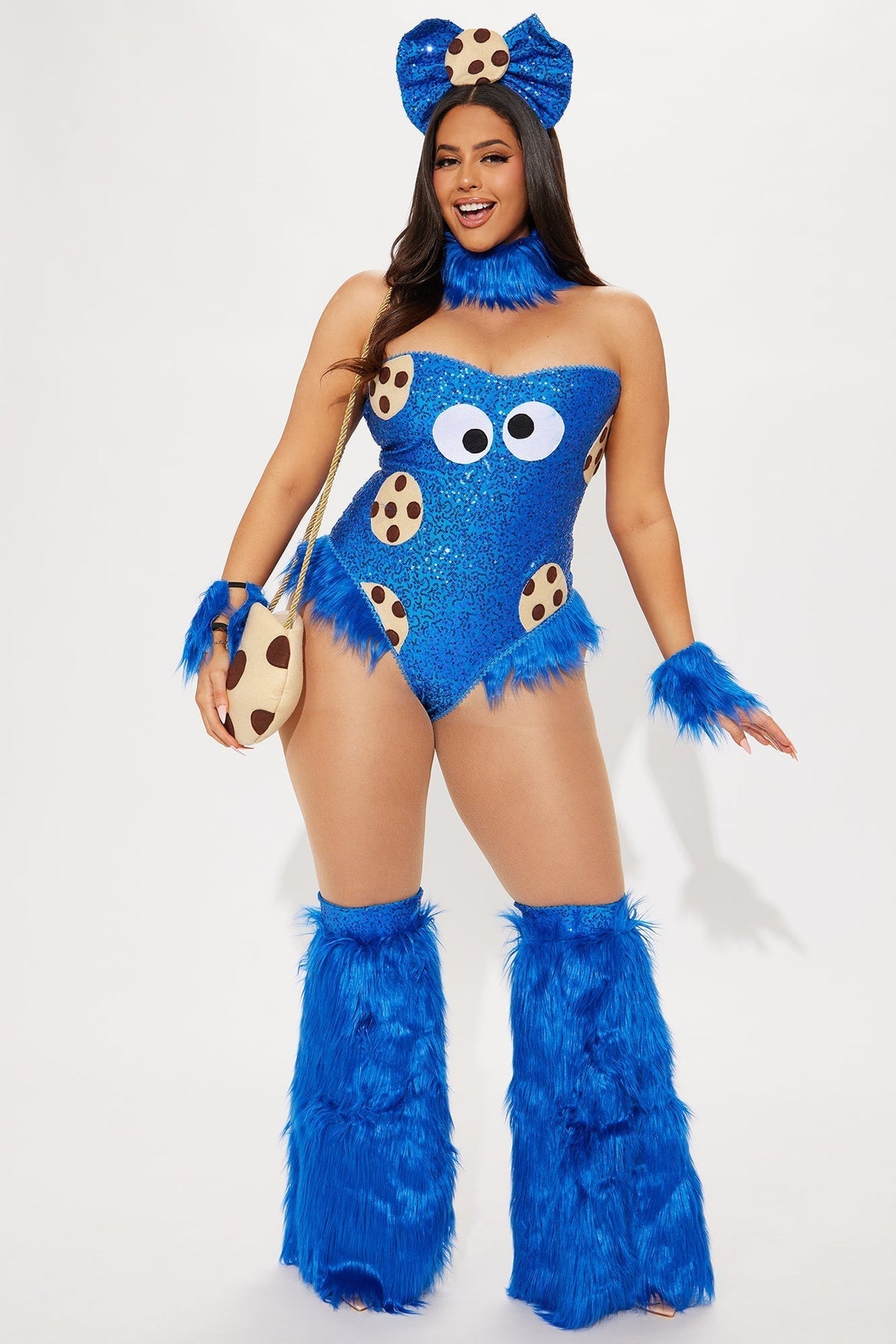 Sparkly Monster Character Outfit with Sequined Bodysuit & Furry Leg Warmers for Women – Halloween Party Costume Set | Thomler