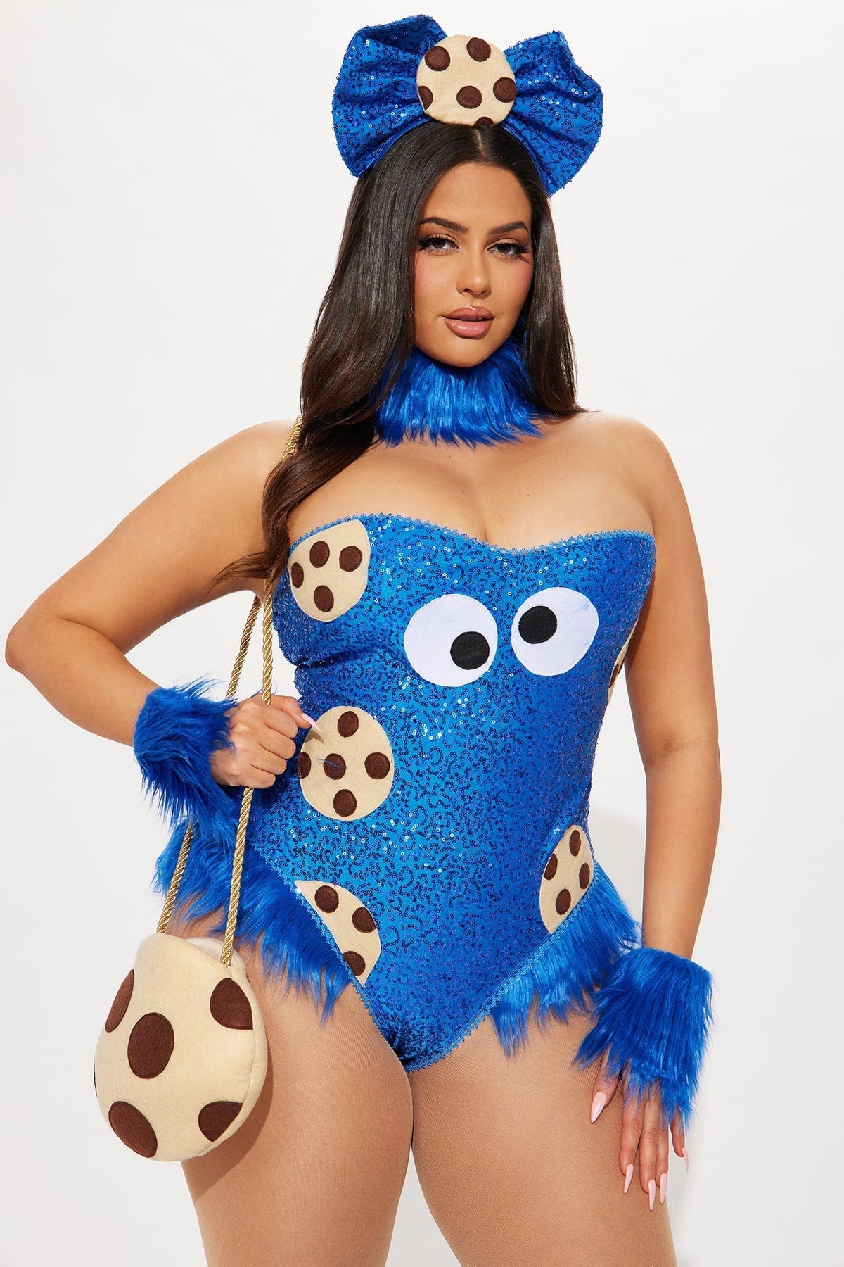 Sparkly Monster Character Outfit with Sequined Bodysuit & Furry Leg Warmers for Women – Halloween Party Costume Set | Thomler