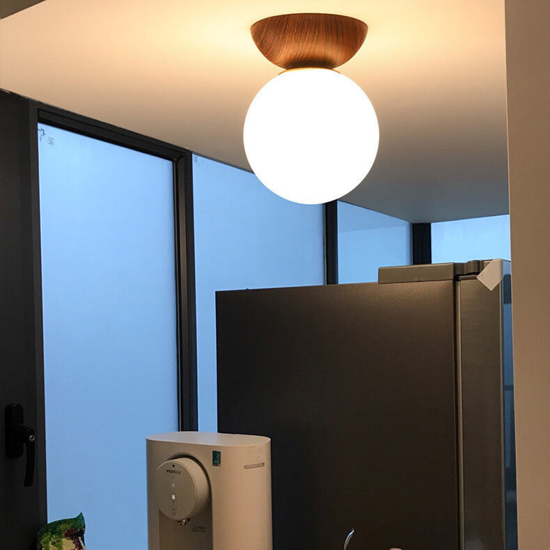 Globe Glass Ceiling Light with Wood Grain Finish – Modern Flush Mount & Pendant Option for Living Room, Bedroom, Hallway – E14 Socket | Thomler