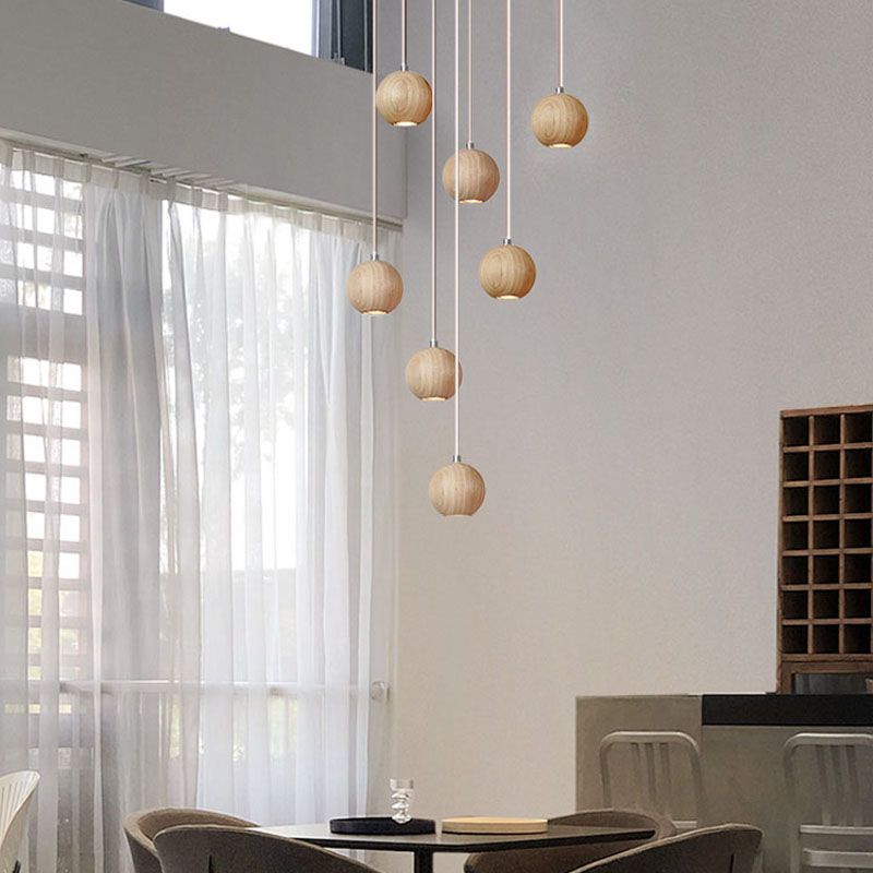 Natural Wood Sphere Pendant Light | Modern Globe Drop Ceiling Lamp for Kitchen Island, Dining Room, Living Room & Restaurant | Adjustable | Thomler