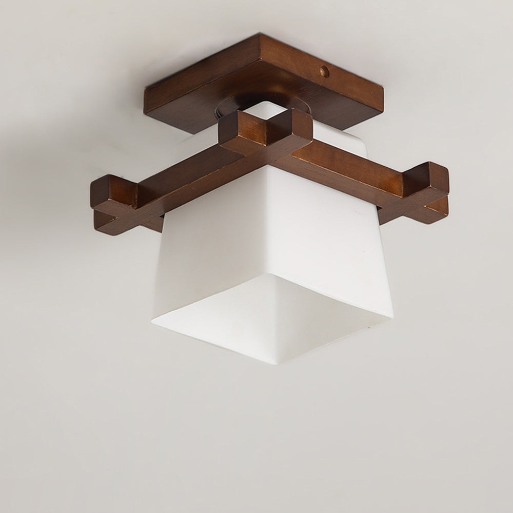 Ceiling Light Wood E27 20.0 cm White Japandi Hallway Bedroom Living Room Square Flush Mount Lamp | Thomler