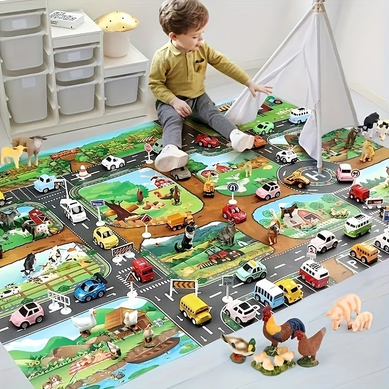 Kids Play Mat with Farm & Road Design for Toy Cars & Animals - Educational Activity Rug for Toddlers & Preschoolers | Thomler