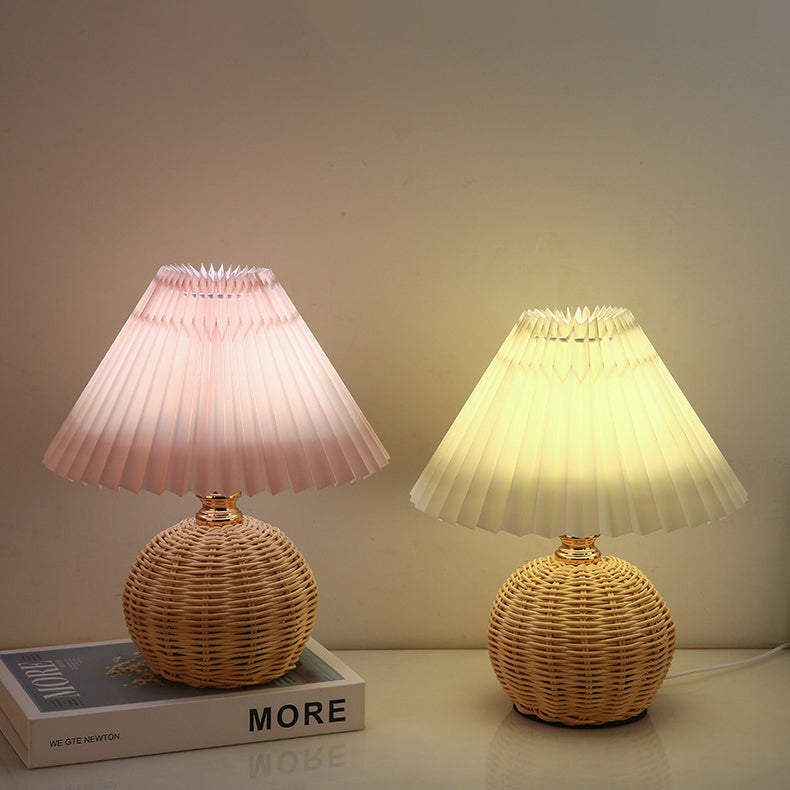Nordic Rattan Table Lamp with Fabric Shade, USB Powered & Infinitely Dimmable LED Light for Bedroom, Living Room, Study | Thomler