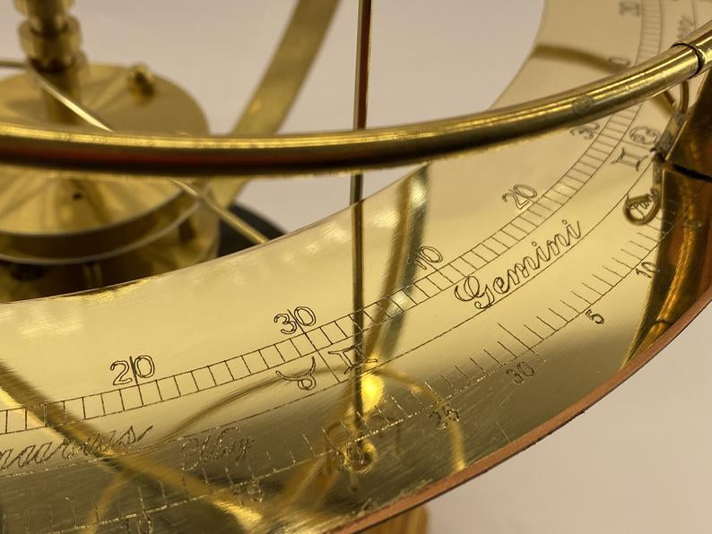 Brass Mechanical Solar System Model with Gemstone Planets & Moons Oak Base Moving Orbit Desk Orrery Educational Science Display Home Decor | Thomler