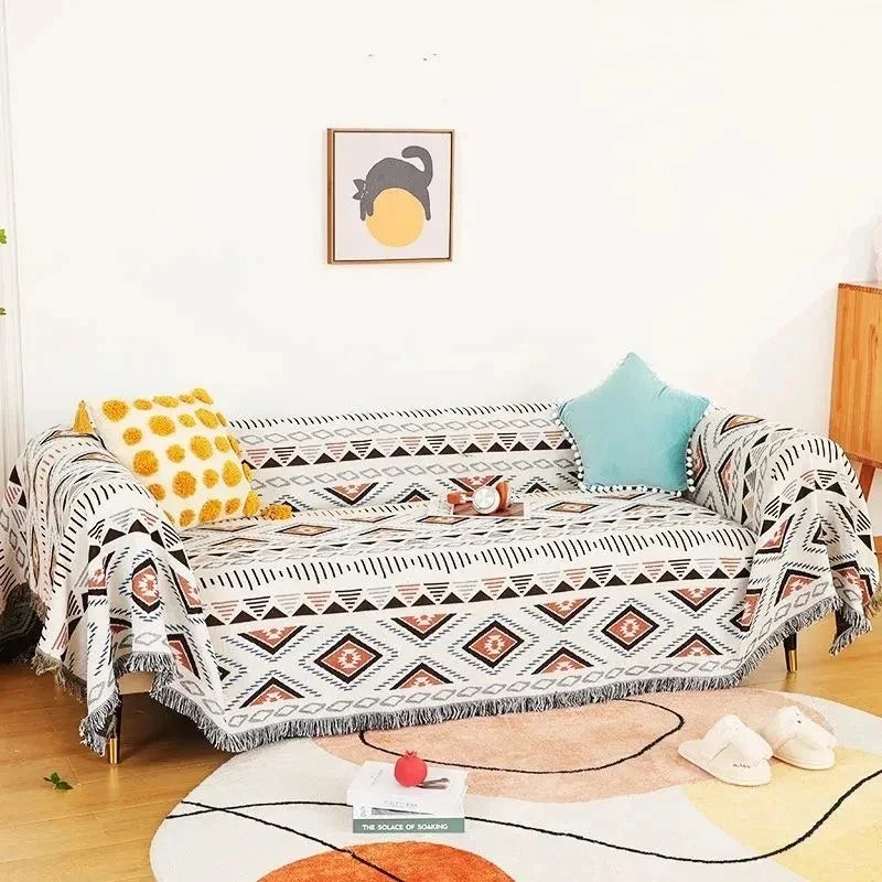 Throw Blanket Cotton Polyester Jacquard Weave Multicolour Sofa Bed Decorative Fringed Bohemian Living Room Accent Cover | Thomler