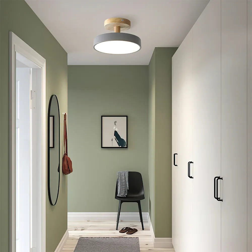 Wood & Metal Flush Mount Ceiling Light | Soft Color LED Fixture for Bedroom, Hallway & Living Room | 12W Scandinavian Style | Modern | Thomler