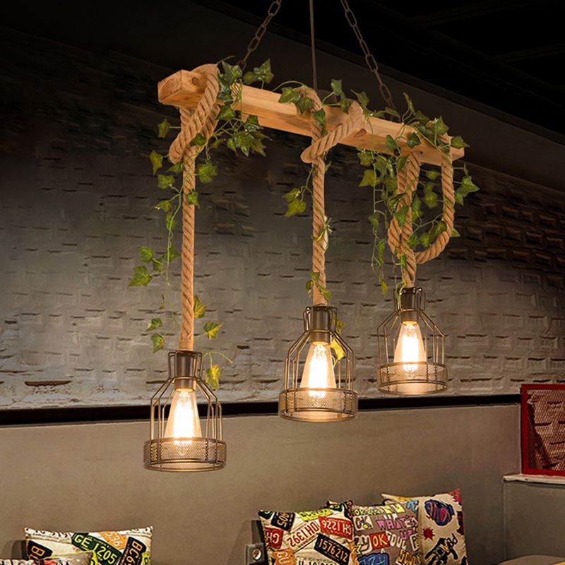 Rustic Industrial Wood Beam Ceiling Fixture with Metal Cages – 3 or 5 Light Overhead Chandelier for Kitchen Island, Dining Room & | Thomler