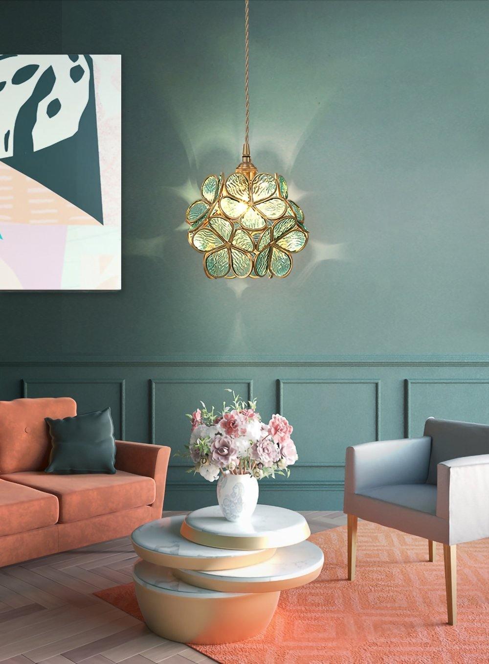 Pendant Light Brass Glass 7.9 in Petal Shape Indoor Ceiling Lamp Adjustable Hanging Height | Thomler