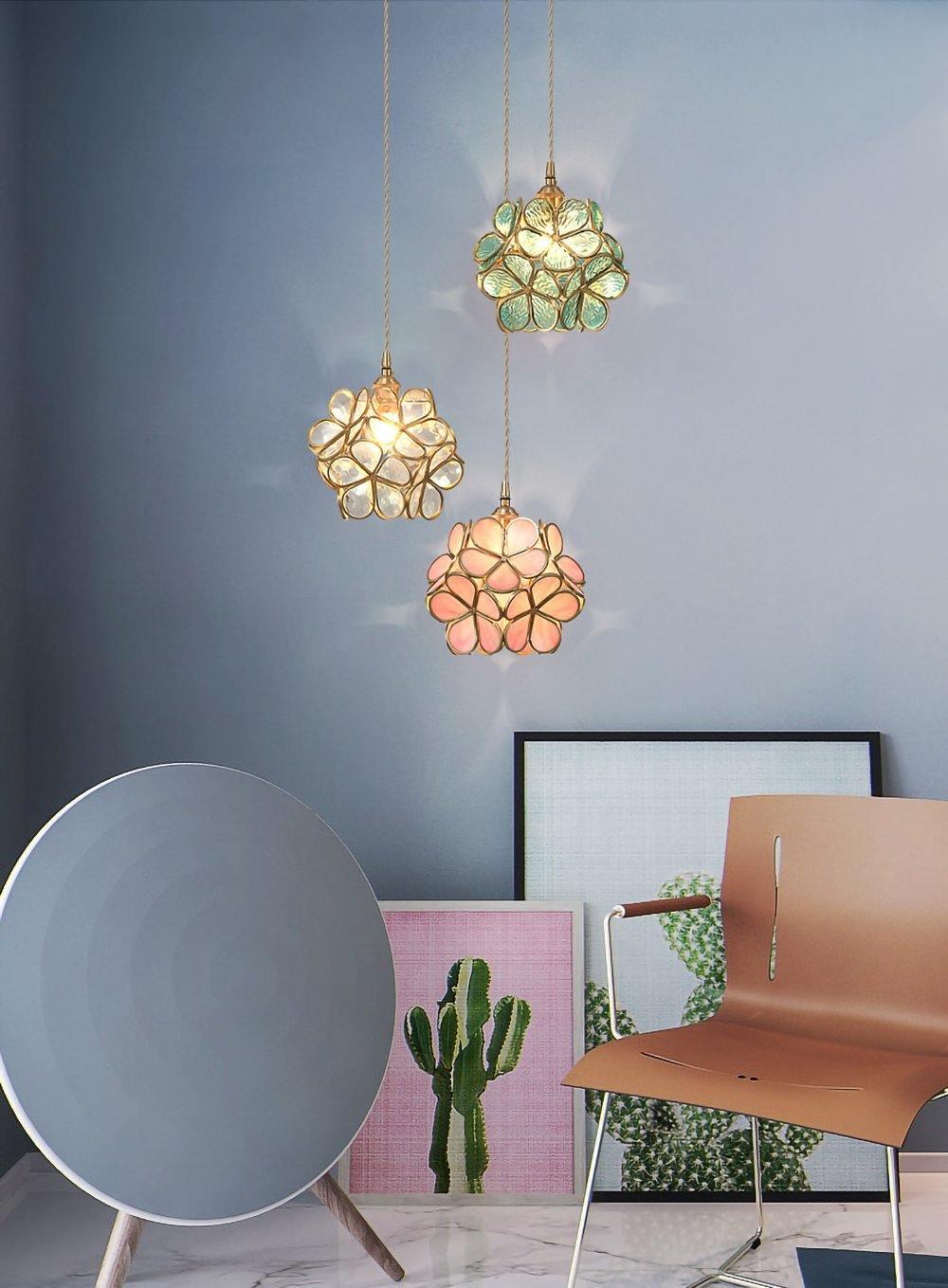 Pendant Light Brass Glass 7.9 in Petal Shape Indoor Ceiling Lamp Adjustable Hanging Height | Thomler