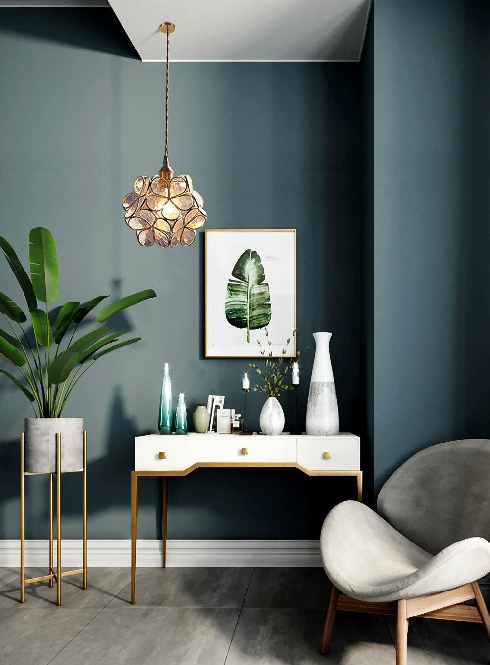 Pendant Light Brass Glass 7.9 in Petal Shape Indoor Ceiling Lamp Adjustable Hanging Height | Thomler