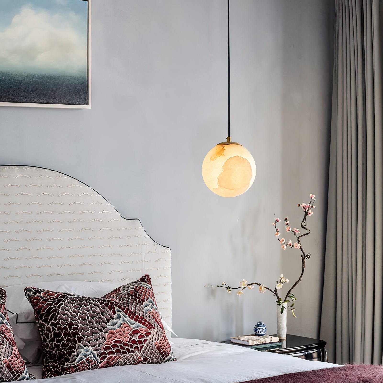 Pendant Light Alabaster Globe 3.9–5.9 in Adjustable Bedroom Dining Hanging Ceiling Lamp Modern Minimalist Stone Fixture | Thomler