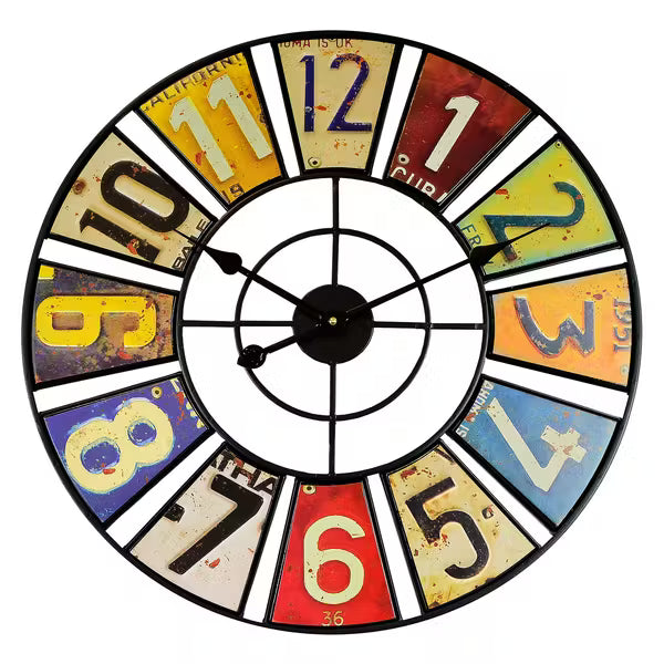 Vintage Industrial Wall Clock with Colorful Number Plates – 24 Inch Retro Metal Clock for Indoor & Outdoor – Silent Quartz Movement | Thomler