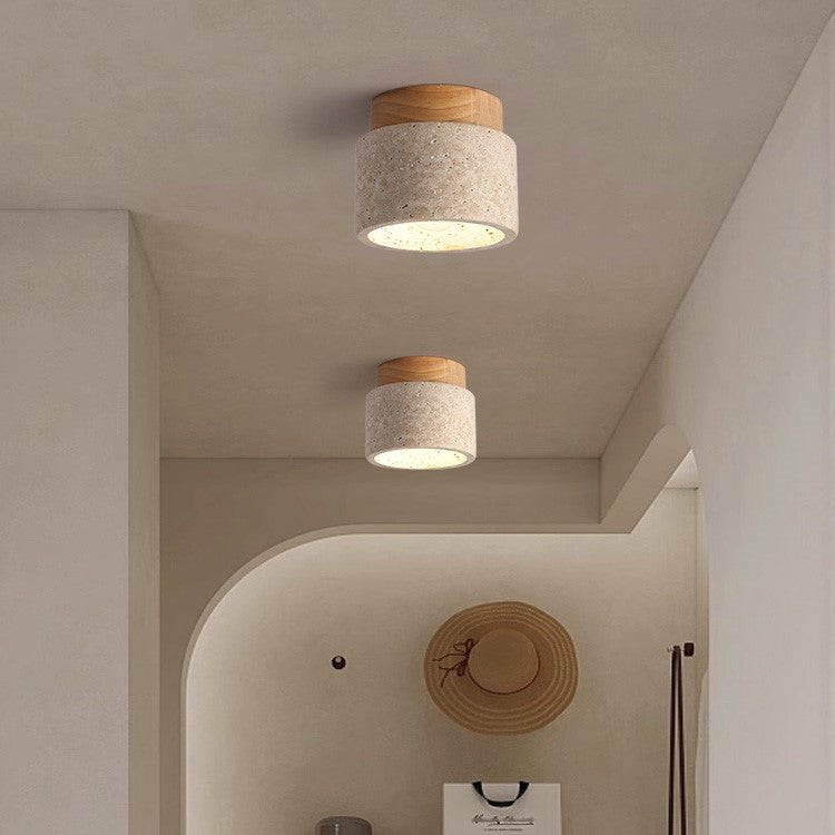 Ceiling Lamp Travertine Stone Solid Wood 25.0 cm Beige Hallway Bedroom Living Room Soft Ambient Lighting | Thomler