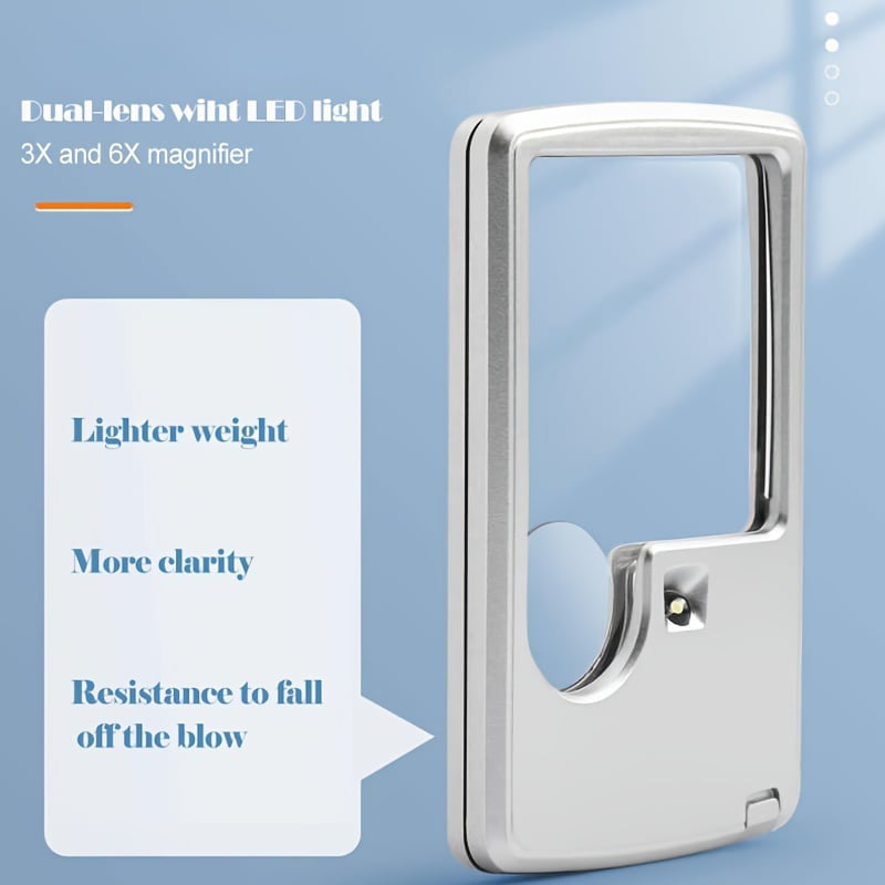 Pocket LED Magnifier with Light for Reading – Dual Lens 3X & 6X Credit Card Size Travel Magnifying Glass for Seniors Books Maps Menus | Thomler